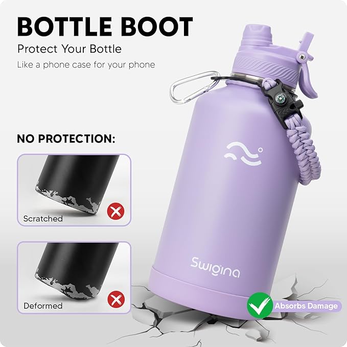 [2-IN-1 LID] 64 oz Insulated Water Bottle with Silicone Boot (48hrs Cold/24hrs Hot) - DIY Stickers, Leakproof, BPA Free, Half Gallon