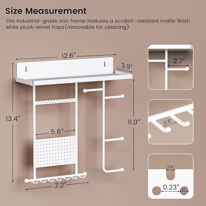 Wall Mounted Jewelry Organizer with Shelf: Metal Display Stand with Velvet Pad, Multi-Layer Necklace Hanging Rack for Bedroom Bathroom Space Saving No-Drill Wall Decor