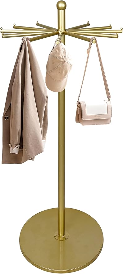 23-Inch Heavy-Duty Metal Rotating Rack | 12-Arm Freestanding Scarf Display Rack,With Adjustable Pad Base, Scarf, Bag, Fabric Storage Organizer, For Boutique, Retail & Home,Gold