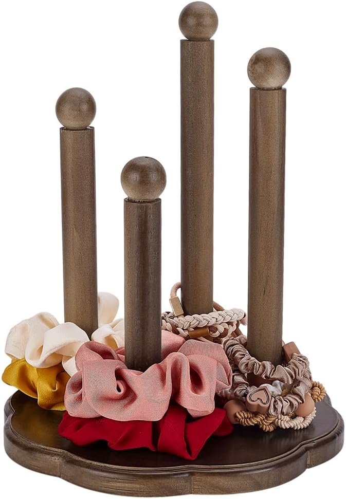 FINGERINSPIRE Wooden Scrunchie Holder 4 Tier Hair Tie Storage Stand with Flower Base Detachable Wood Hair Accessory Holder Flower Shape Scrunchie Organizer for Home Bathroom Bedroom Vanity Table