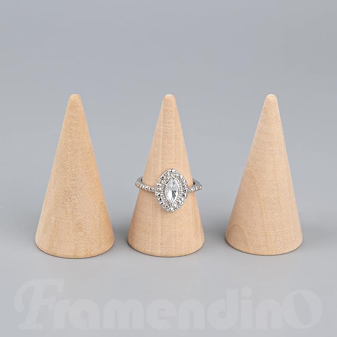 Framendino, 10 Pack Natural Wood Cone Ring HolderJewelry Display Stand Organizer DIY Craft Wooden (Vertical Shaped)