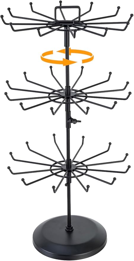 MyGift 3 Tier Classic Large Black Metal Jewelry Tree Holder Organizer with 360 Degree Rotating Arms, Spinning Necklace and Bracelet Tower Display Stand with 36 Hooks and Top Card Holder For storage