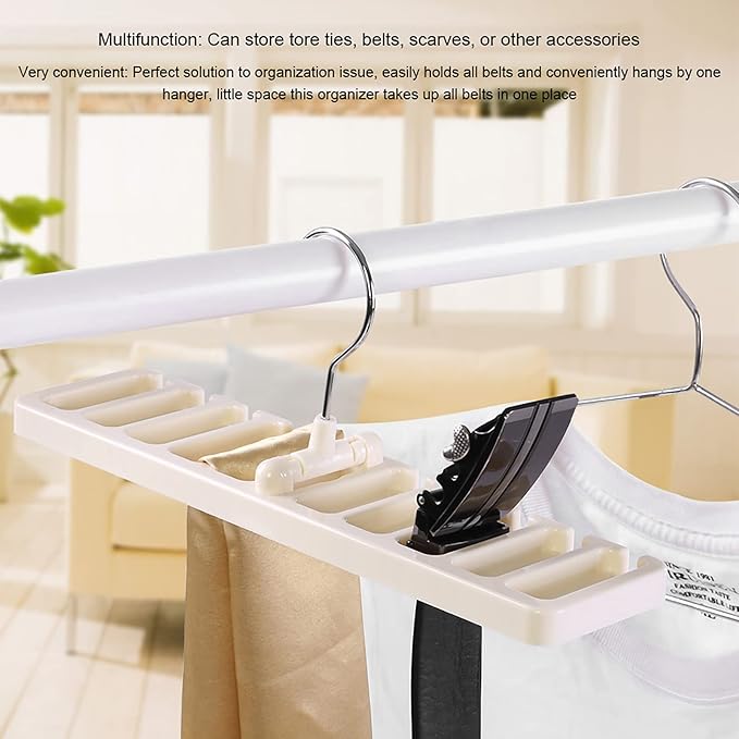 10 Slot Tie Belt Scarf Rack Organizer Sturdy Plastic Closet Wardrobe Space Saver Multifunctional Rotating Hanger for Ties Belts Scarves Accessories Black Brown Beige 30.5 x 7.3 x (Beige)