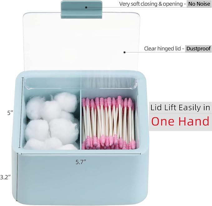 Tecbeauty Large Qtips Holder - 2 Grids Cotton Swabs Dispenser Bathroom Organizer Cotton Balls, Pads Storage Canisters, Hinged Lids, Blue