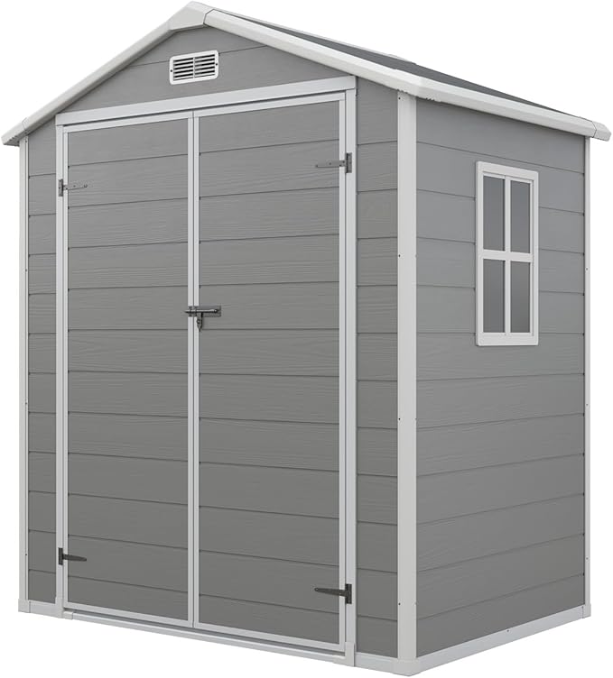 Aoxun 6x4 FT Outdoor Storage Shed, Plastic Garden Resin Shed with Floor and Window for Patio, Lawn, Outdoor Storage with Lockable Door for Bike, Garbage Can, Tools, Grey