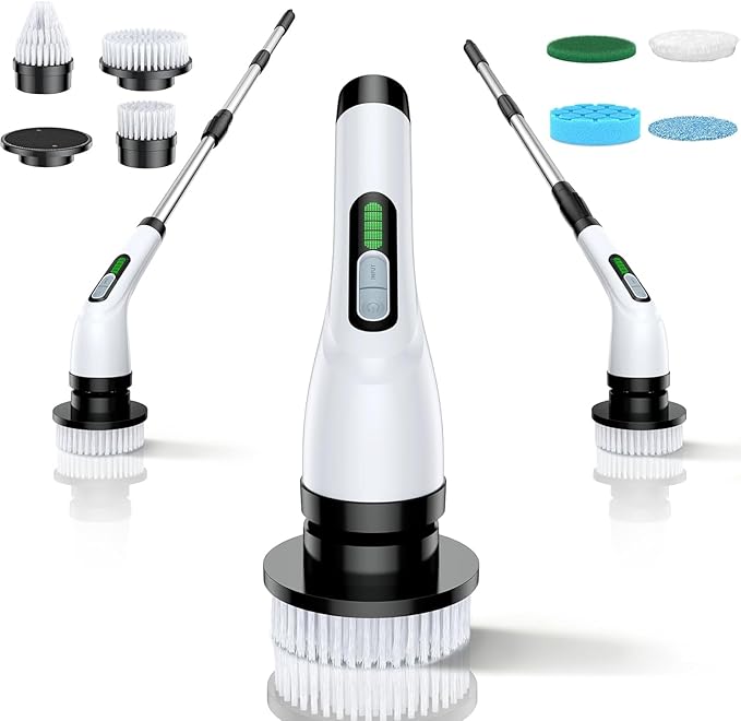 Electric Spin Scrubber - Cordless Bathroom Scrubber with 7 Brush Heads - Dual Speed IPX7 Waterproof Power Scrubber for Heavy-Duty Bathtub, Glass, Tile, and Car Cleaning (White)