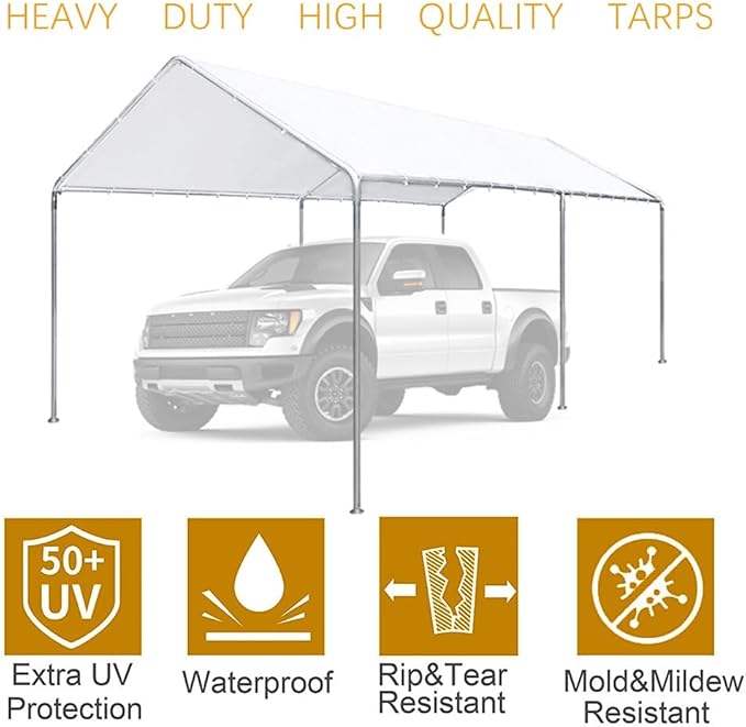 10'x20' Carport Replacement Canopy Cover for Top Tent Shelter Tarp with Ball Bungees White (Only Top Cover, Frame is not Included)