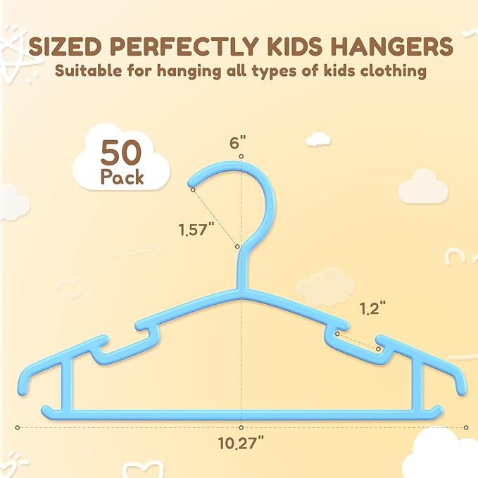 Kids Plastic Hangers, Baby Clothes Hangers for Closet 50 Packs Non-Slip Toddler Hanger for Infant Child Clothing, Small Children Hangers for Pants Coats Skirts (Blue)