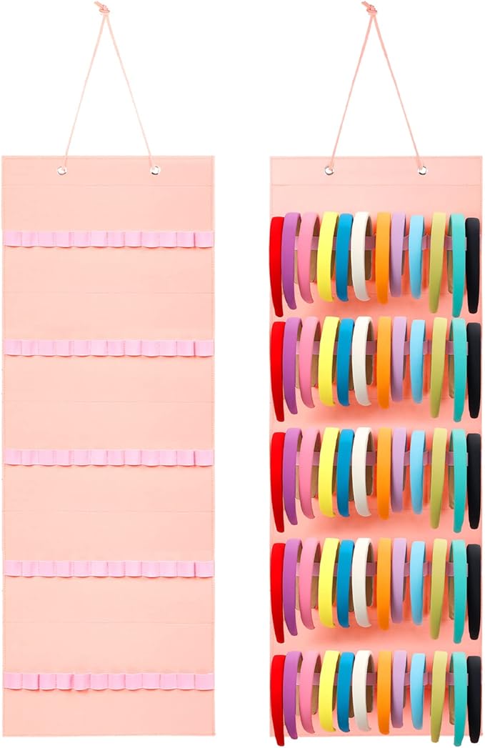 Tudomro Hanging Headband Holder for Girls Felt Hair Accessories Organizer with 60 Elastic Bands Bow Hanger for Girls Hair Bows Without Headbands(Plain Style,Pink)