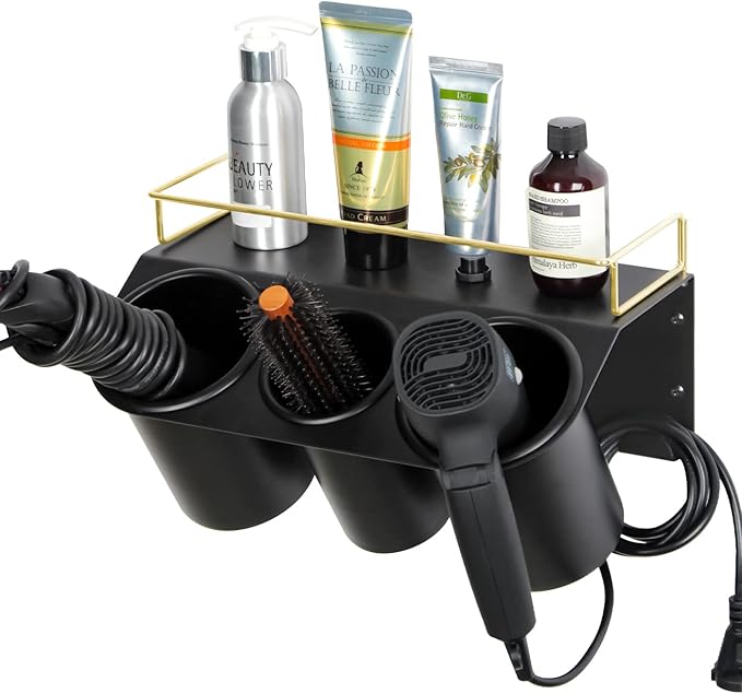 J JACKCUBE DESIGN Hair Dryer Holder Wall Mount Bathroom Vanity Hair Styling Care Tool Accessories 3 Cups Storage Organizer Caddy with Shelf Steel Black Gold- MK1002A (Black)