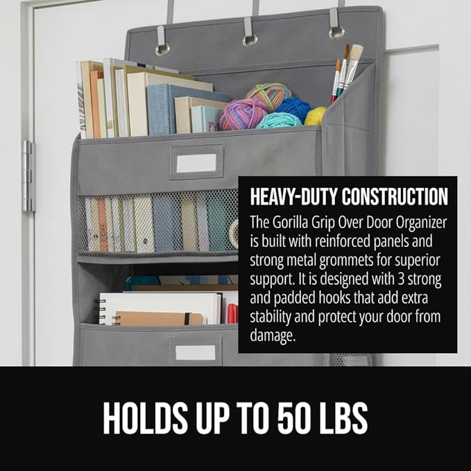 GORILLA GRIP Over The Door Organizer Storage, 5 Deep Hanging Shelves, Holds 50lbs, Closet Organizers Shelf for Bedroom, Bathroom, Nursery, Dorm Essentials, 3 Metal Hooks, 58x15 Inches, Gray