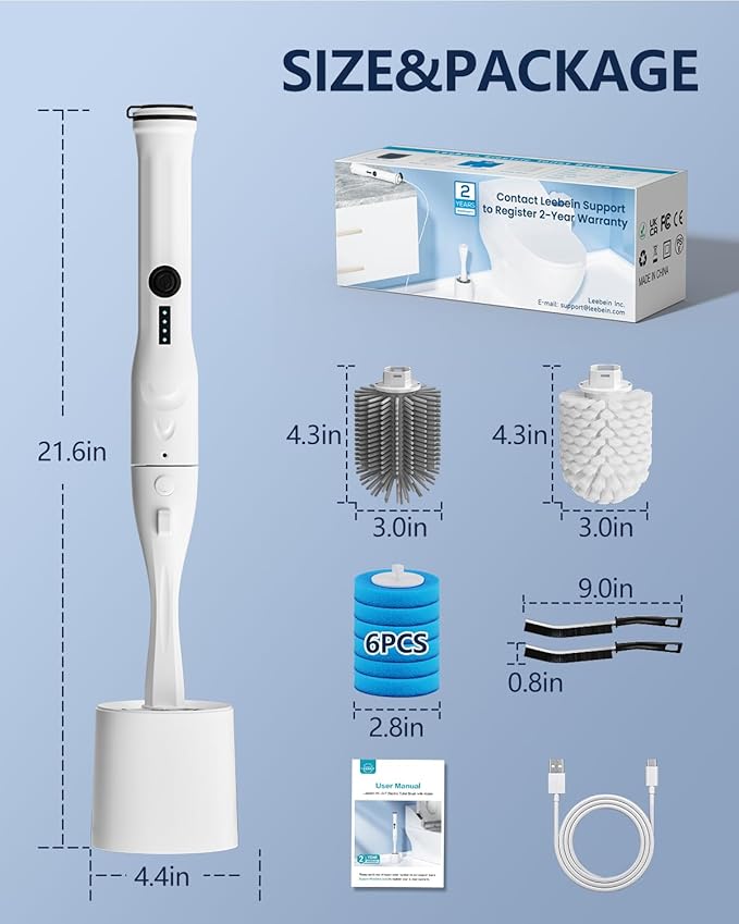 Leebein Electric Toilet Brush and Holder Set, Electric Toilet Bowl Scrubber Kit with 8 Replaceable Brush Heads, Disposable Toilet Brush with 6 Wand Cleaner Refills, 2 Pcs Crevice Cleaning Brush