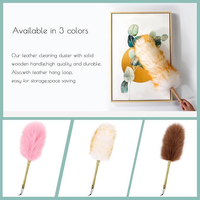 Lambs Wool Duster for Cleaning Window Blinds Computer Furniture TV Computer Screens Bookshelves Solid Wooden Handle Natural Feather Duster,26'', Yellow&White