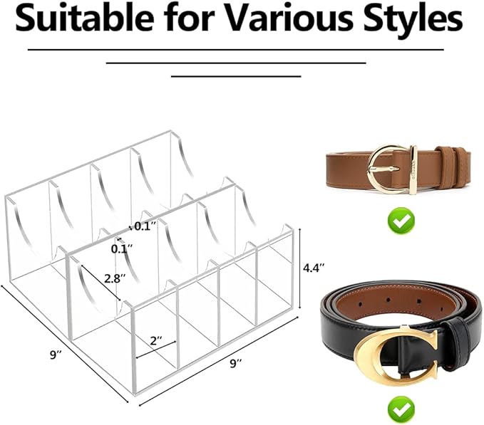 Acrylic 8 Compartment Belt Organizer - Clear Display Case for Closet Tie, Bow Tie, Watch, Jewelry, Bracelets, Ring