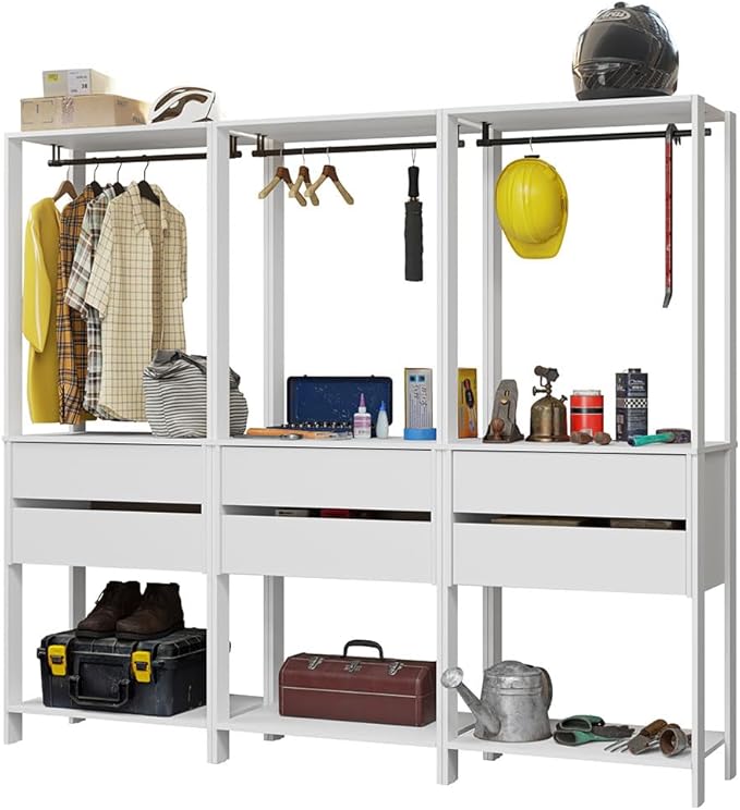 Madesa Garage Storage Rack with 6 Drawers and Hanging Spaces 82" L Multiuse Modular Organization Cabinet for Tools (WHITE)
