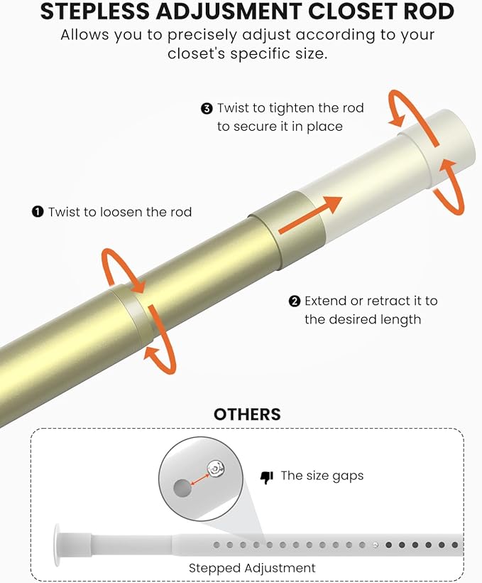 Closet Rods for Hanging Clothes, 17 to 69 Inches Stepless Adjustable Metal Closet Rod, 1.3 Inches Heavy Duty Clothes Hanging Rod for Closet Wardrobes Laundry RV, Verdant Gold