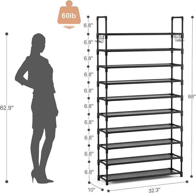 VTRIN 10 Tier Shoe Rack Tall Large Capacity 50 Pair Wide Shoe Organizer with Two Hooks Sturdy Metal Shoe Shelf for Entryway, Closet, Bedroom