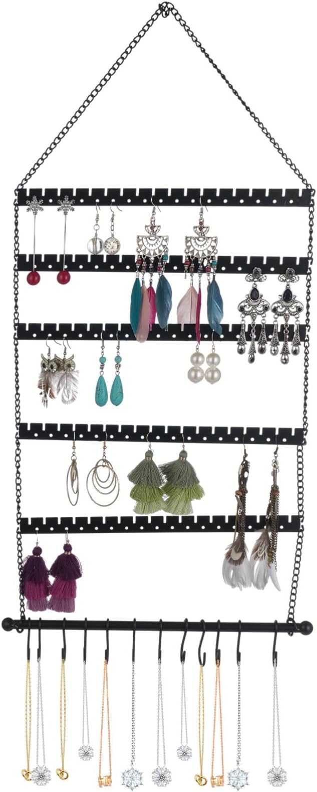 Wall Mounted Jewelry Organizer, 19.3 x 9.8 in, 6-Tier Foldable Hanging Earring Organizer with 10 Hooks, Black Metal Earring Holder Display Rack