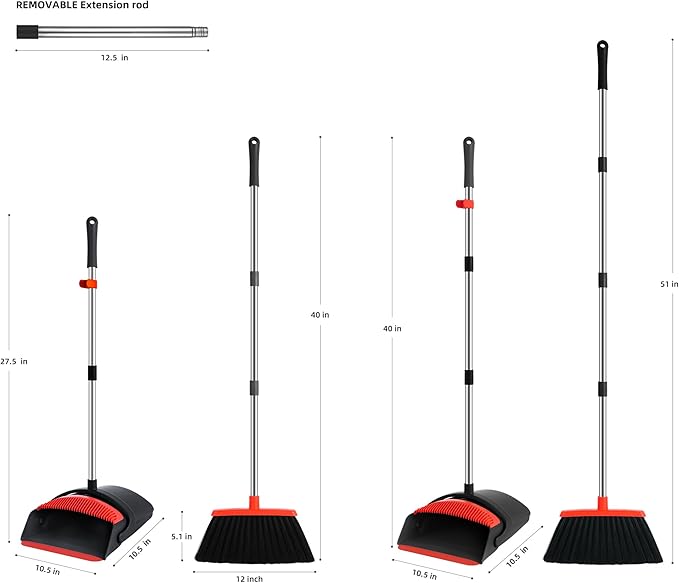 Broom and Dustpan Set, 52-in Long Adjustable Handle Broom with Dustpan Combo Set with Dust Pan Teeth for Home Office Kitchen Lobby Floor to Clean Pet Hair Indoor&Outdoor Cleaning