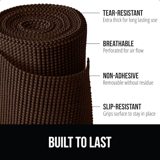 GORILLA GRIP powerGRIP Drawer Shelf and Cabinet Liner, Thick Strong Hold, Non-Adhesive Liners Protect Kitchen Cabinets and Cupboard, Bathroom Drawers, Easy Install, Breathable Mat, 12" x20', Chocolate