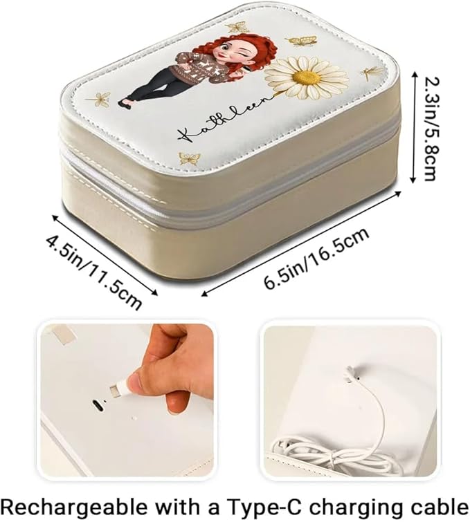 Bloom Within - Personalized Jewelry Box with LED Mirror, Birth Flower Jewelry Storage Box for Bestie, Cartoon Girl Custom Leather Jewelry Box, Floral Jewelry Organizer for Women, Bestie Gifts