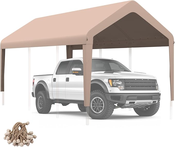 Carport Canopy 10'x20' Heavy Duty Replacement Cover, Garage Shelter Cover 800D Oxford Waterproof & UV Protected Tarp with Ball Bungees, Not Include Frame - Beige