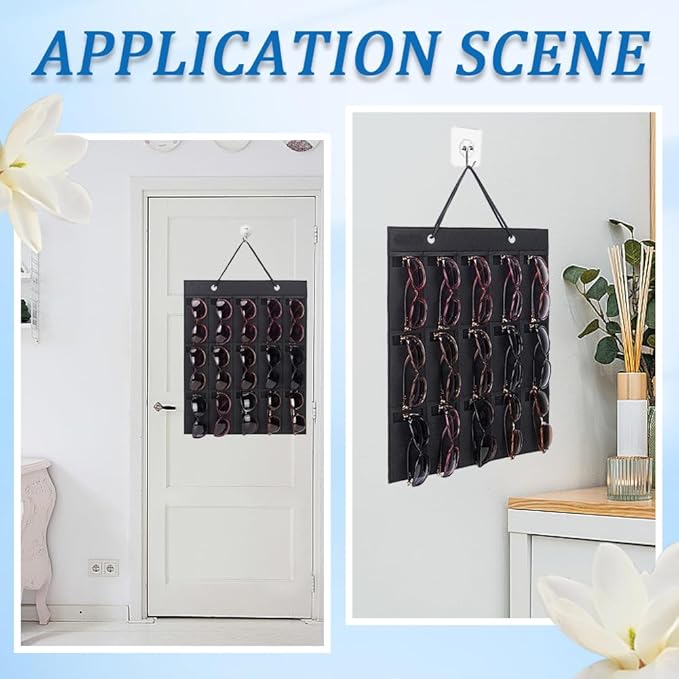CREATCABIN Wall Hanging Sunglasses Bag Black Wall Mounted Dust Proof Sunglasses Storage Bag Protable Foldable Jewelry Organizer with 15 Slots for Makeup Room Bussiness Travel Carrying 5.7x3in