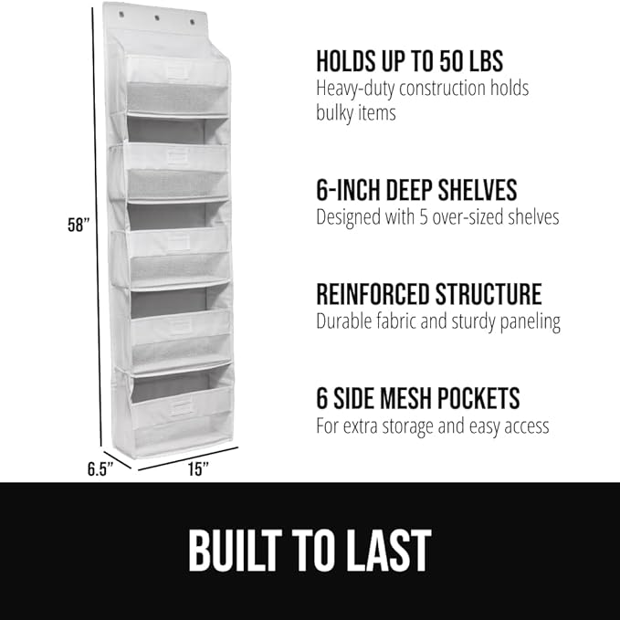 GORILLA GRIP Over The Door Organizer Storage, 5 Deep Hanging Shelves, Holds 50lbs, Closet Organizers Shelf for Bedroom, Bathroom, Nursery, Dorm Essentials, 3 Metal Hooks, 58x15 Inches, White