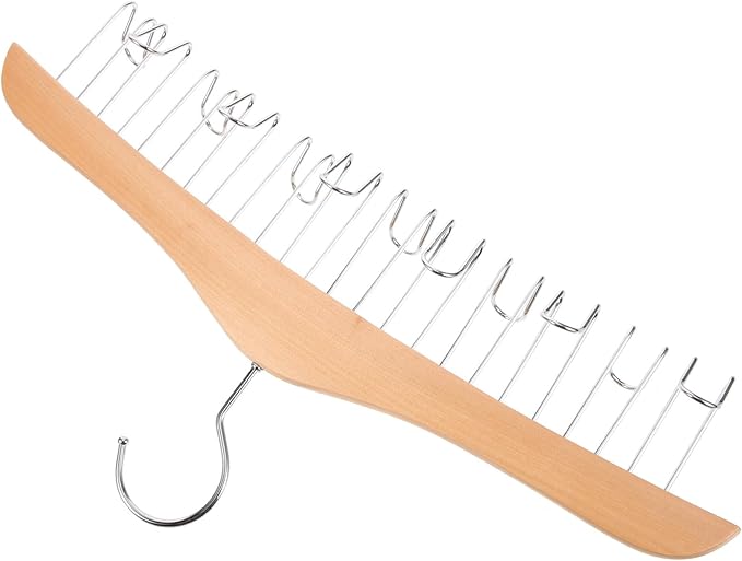 Veemoon Multi-Functional Wooden Belt and Scarf Hanger Organizer, Non-Slip Round Hook Storage Rack for Closet, Hat, Tie, and Bag Holder, Natural Wood Color, Space-Saving Accessory Organizer