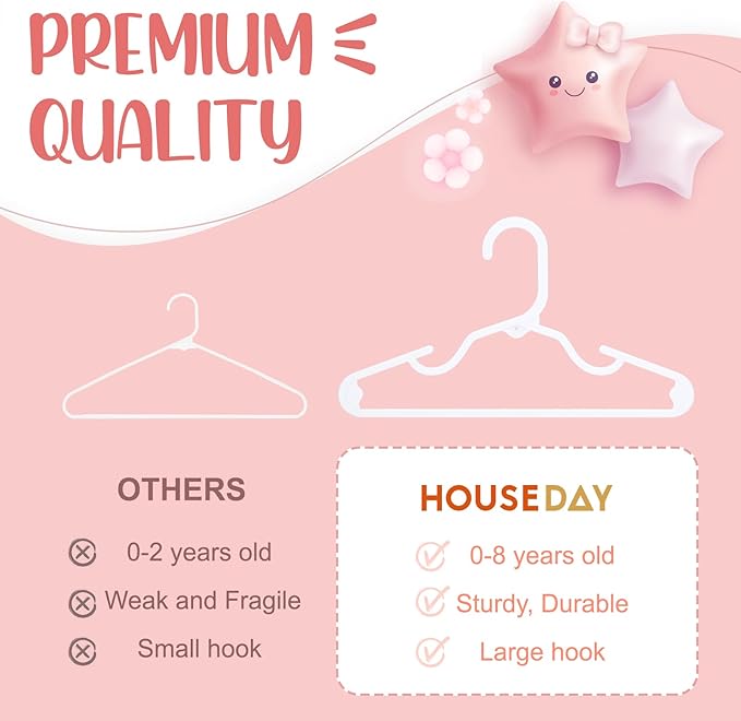 HOUSE DAY Baby Hangers 100 Pack - Durable Plastic Infant & Kids Clothes Hangers, Thin Compact Space-Saving Design for Nursery/Children's Closet, Toddler Small Hangers White (Infant/Baby/Toddler/Kids)