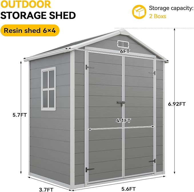 Aoxun 6x4 FT Outdoor Storage Shed, Plastic Garden Resin Shed with Floor and Window for Patio, Lawn, Outdoor Storage with Lockable Door for Bike, Garbage Can, Tools, Grey