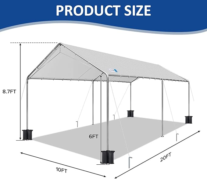 10x20 ft Heavy Duty Car Canopy Galvanized Frame Carport Outdoor Party Tent Boat Shelter with Reinforced Structure, No Sidewall - Light Grey
