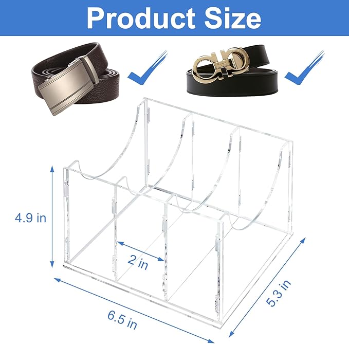 Dezzer Belt Organizer, Acrylic Belt Storage Organizer for Closet and Drawer, Clear Belt Holder Display Case with 3 Compartments for Tie and Bow Tie