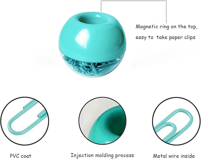 Teal Paper Clips Holder with 100pcs 1.1 inch Mint Green Paper Clips for Office Desk Organizer Accessories