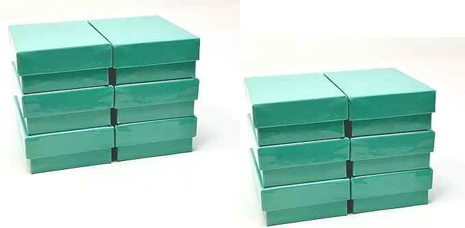 12 Pack Teal Green Cotton Filled Color Paper Cardboard Jewelry Box for Necklace, Ring, Earring, Pendant, Pocket Watch, Body Jewelry, Beads and Gems Size-3 1/16" x 2 1/8" x 1" - by R J Displays