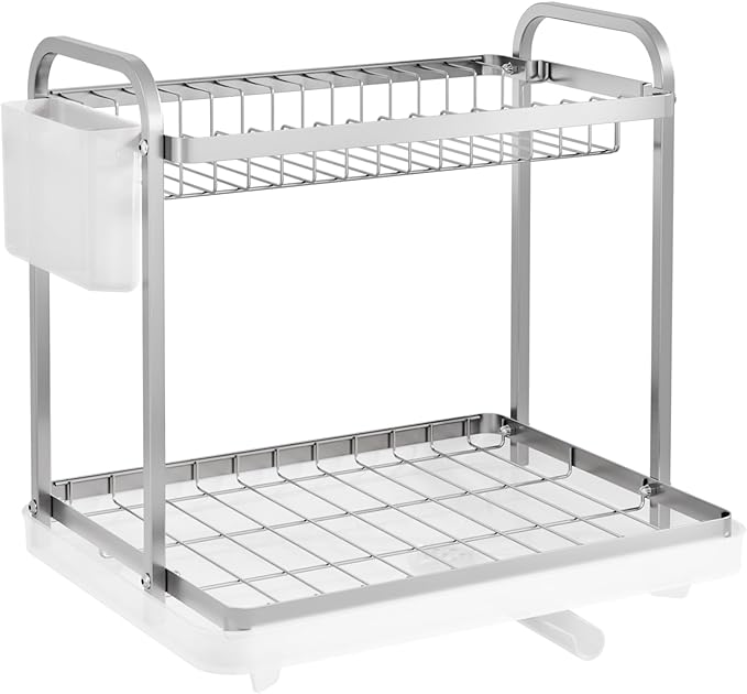 2-Tier Dish Drying Rack - Stainless Steel Dish Rack with Cutlery & Utensil Holders for Kitchen Counter, Sink Organization and Storage for Small Family, 15" W x 11.4" L x 15" H, Silver