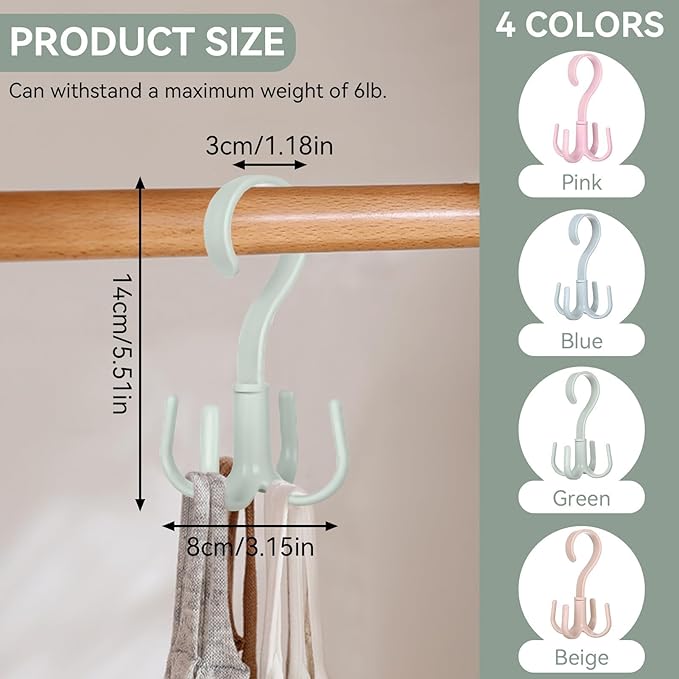 2PCS Rotating Handbag Hanger, Hoodie Hanger 360 Degree Rotating Closet Organizers with 4 Claws, Scarf Tie Rack Hooks for Belts 4 Colors, Multifunctional Closet Handbag Hook Scarf Hanging (Green)
