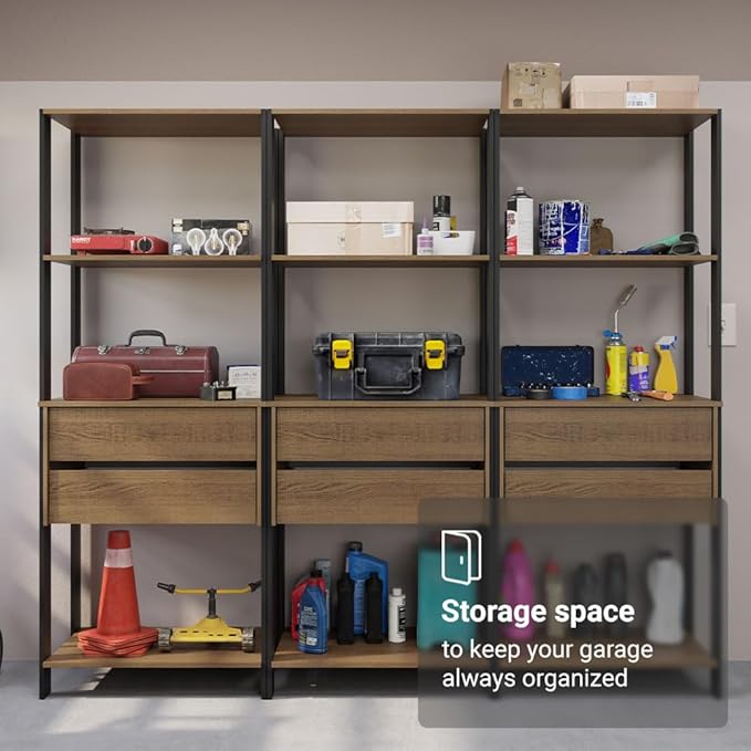 Madesa Garage Storage Rack with 6 Drawers and Open Shelves 82" L Multiuse Modular Organization Cabinet for Tools (Black/Brown)