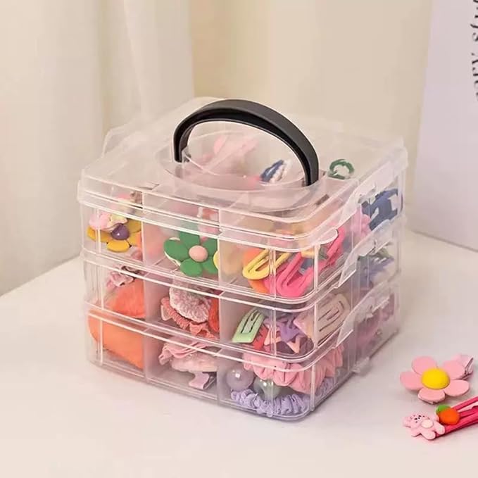 3-Tier Hair Accessories Storage Box, Clear Plastic Organizer with Handle, 5.9 x 5.9 x 5.1 in (Transparent, 5.9 x 5.9 x 5.1 in)