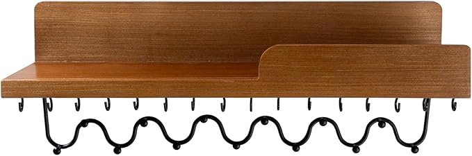 29 Hooks Wall Mount Necklace Holder Organizer, Natural Decorative Wood Jewelry Shelf with Gold Metal Wave Bar and Guardrail for Necklace, Pendant, Chain, Bracelet