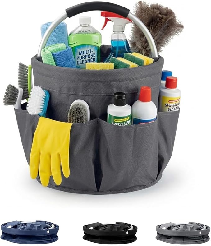 Multifunctional 17L Cleaning Caddy,Foldable 600D Organizer Bag with EVA Grip and 6 Pockets,Portable Storage Tote for Housekeeping,Car Detailing,Garden,Bathroom and Dorm (gray)