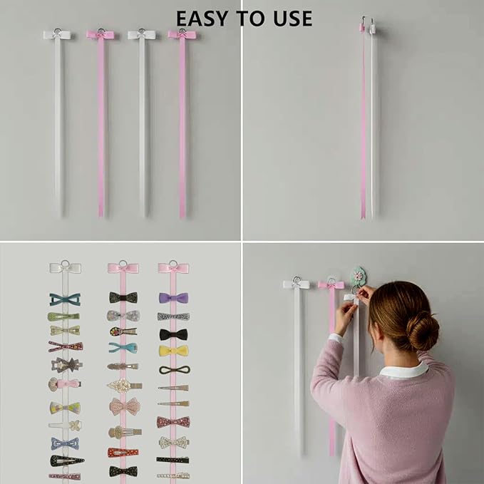 4-Pack Bow Holder & Hair Clips Organizer, Wall Hanging Storage for Alligator Clips & Barrettes, Hair Accessories Organizer for Women Girls Bedroom College Dorm Decor (White & Pink)