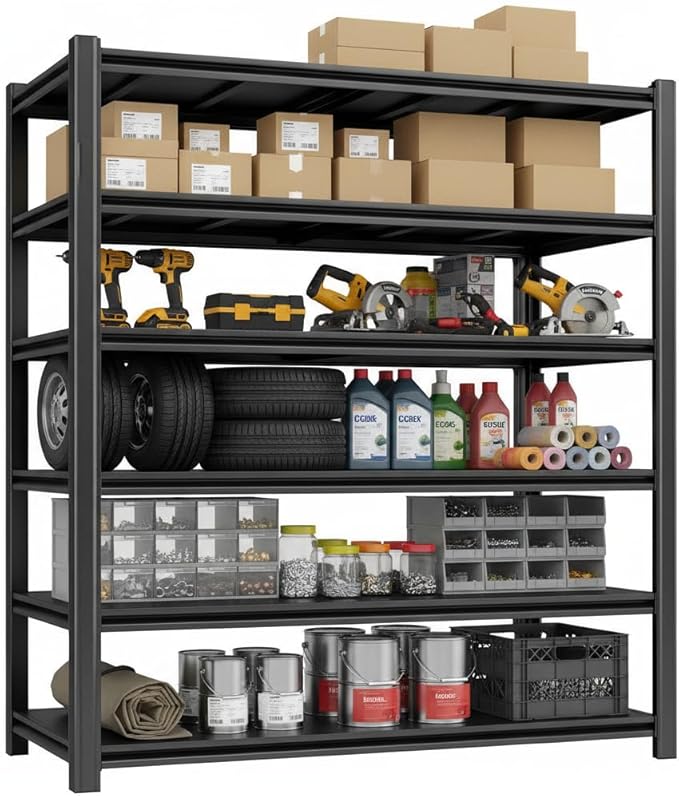Industrial Storage Rack,Heavy-Duty Steel Shelving Unit,6-Tier Multi-Purpose Garage Organization System Black 83" H x 54.5" W x 22.8" D