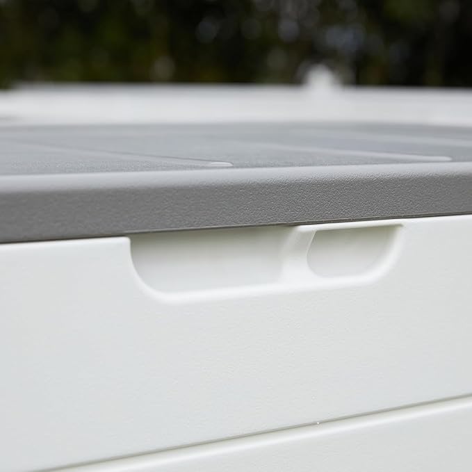 Outdoor Storage Deck Box Waterproof, 100 Gal Pro Large Lockable Patio Storage Bin Chest, Resin Outside Container Seat Bench for Furniture Cushions, Pool Accessories, Garden Tools & Delivery, White
