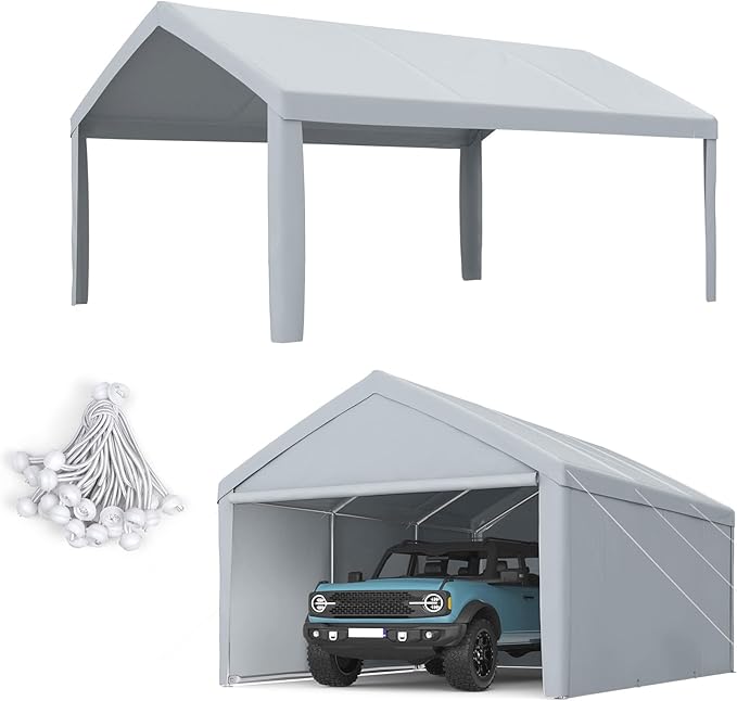 ADVANCE OUTDOOR 10x20 ft Carport Replacement Top Canopy Cover with Leg Cloth, Heavy-Duty Waterproof & UV Protected Car Garage Shelter Tent, Easy Installation with Ball Bungees, Sliver Gray, Roof Only