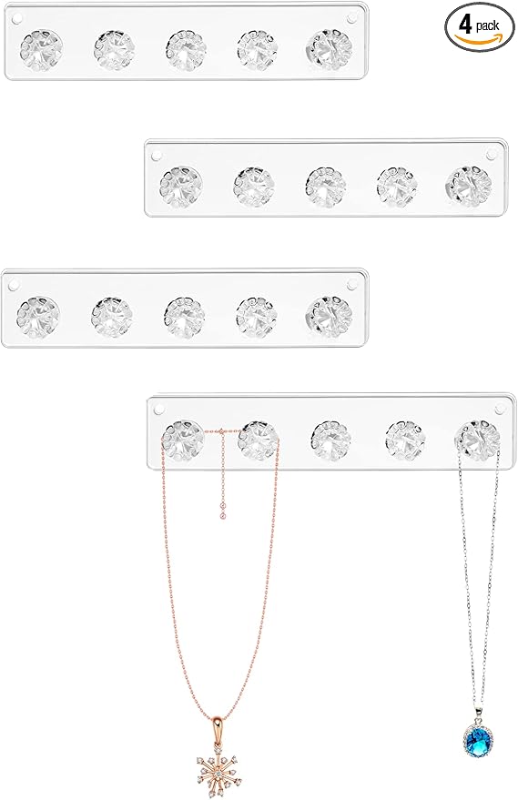 Zreal Necklace Hanger, Acrylic Necklace Holder Short with 5 Jewelry Hooks in Seashell Shape, Wall Mount Jewelry Hanger for Necklace, Bracelets, Chians (4-pack Clear)