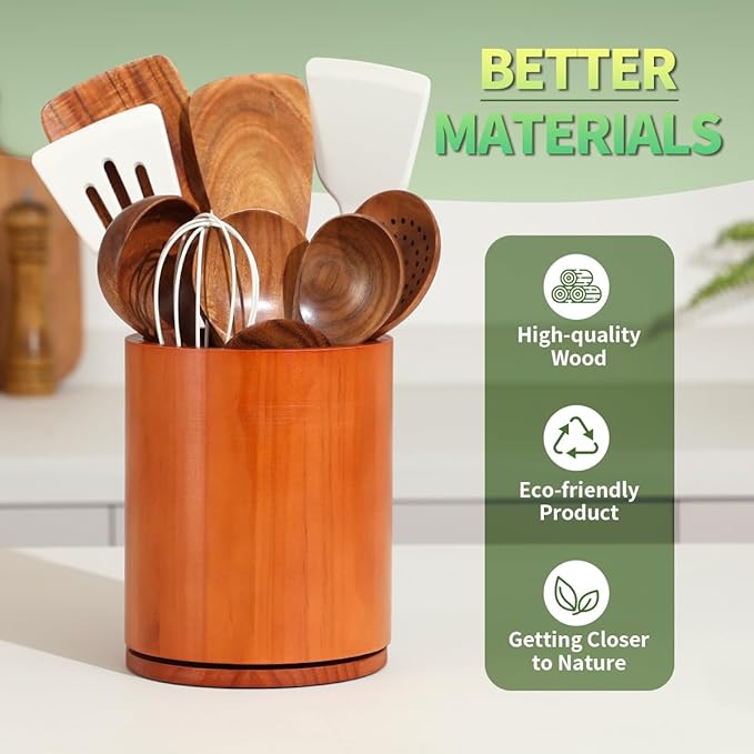 Wooden Utensil Holder, 360°Rotating 7.3'' Large Utensil Holder for Kitchen Counter, Kitchen Utensil Organizer, Utensil Crock, Farmhouse Kitchens Countertop Decor, Cherry