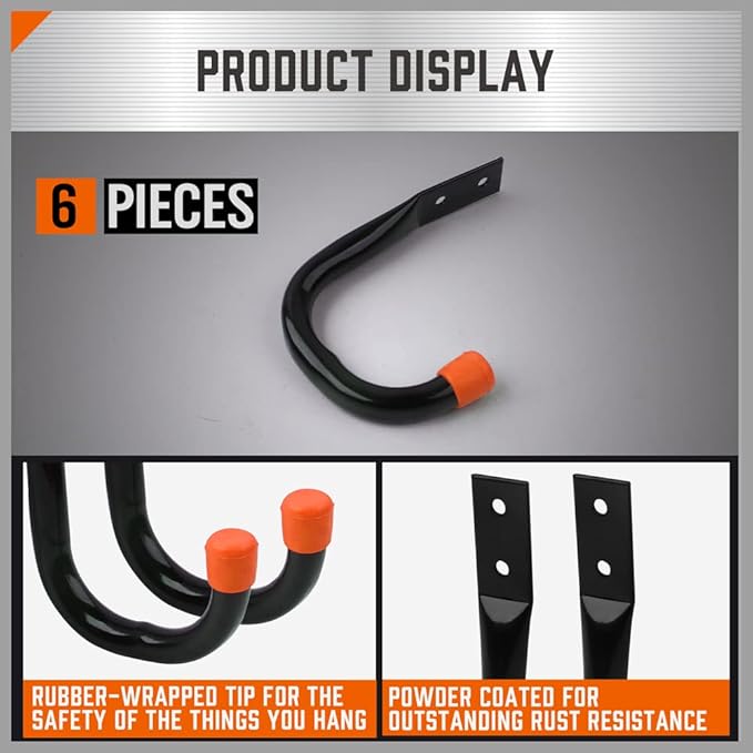 HORUSDY 6-Pack Heavy Duty Metal Wall Hooks, Large Garage Storage & Organization Hooks for Tools, Extension Cords, Ladders, and Bags, Wall Mount J Hooks for Indoor Outdoor Use, Black
