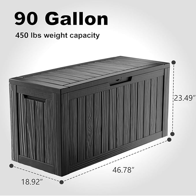 90 Gallon Waterproof Resin Deck Box, UV Resistant Outdoor Storage for Garden, Patio, Porch, Delivery, Striped Black