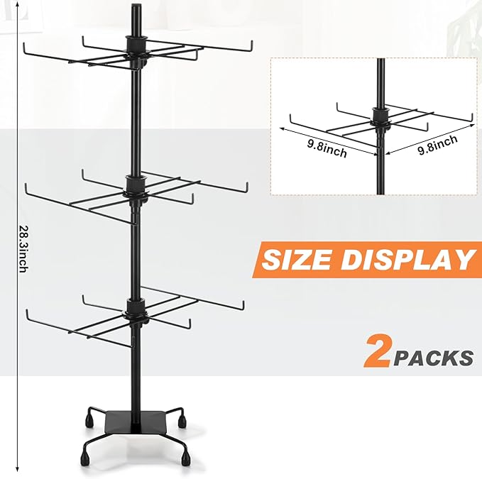 2 Pcs Jewelry Rotating Display Stand Adjustable Metal Earrings Bracelet Display Rack Hanging Jewelry Spinning Organizer Tree with Hooks for Vendor Events Selling(3 Tier,Black)